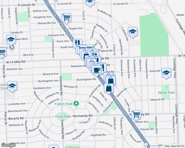 map of restaurants, bars, coffee shops, grocery stores, and more near 4431 Samoset Road in Royal Oak
