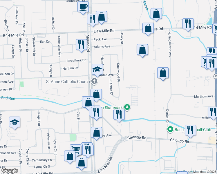 map of restaurants, bars, coffee shops, grocery stores, and more near 32098 Saint Annes Drive in Warren