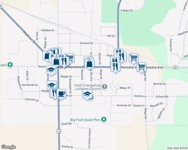 map of restaurants, bars, coffee shops, grocery stores, and more near 419 2nd Street in Walworth