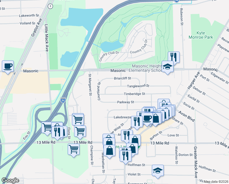 map of restaurants, bars, coffee shops, grocery stores, and more near 21312 Timberidge Street in St. Clair Shores