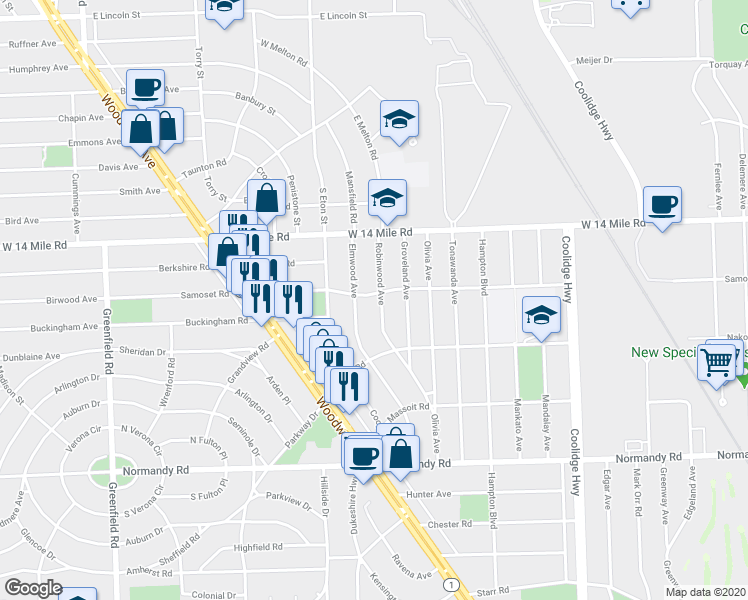 map of restaurants, bars, coffee shops, grocery stores, and more near 4519 Robinwood Avenue in Royal Oak
