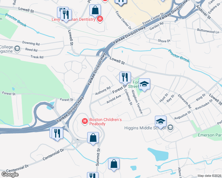 map of restaurants, bars, coffee shops, grocery stores, and more near 33 Forest Street in Peabody