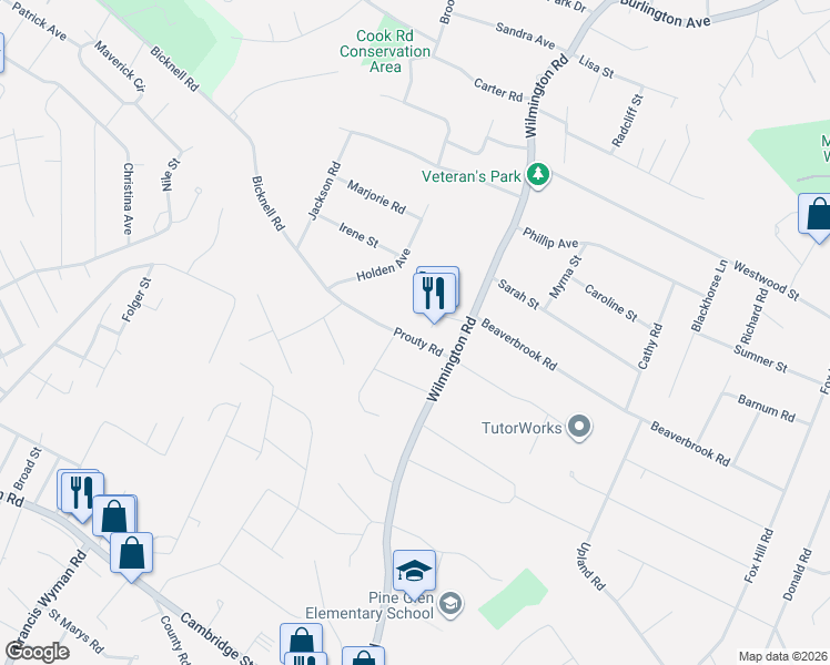 map of restaurants, bars, coffee shops, grocery stores, and more near 85 Wilmington Road in Burlington