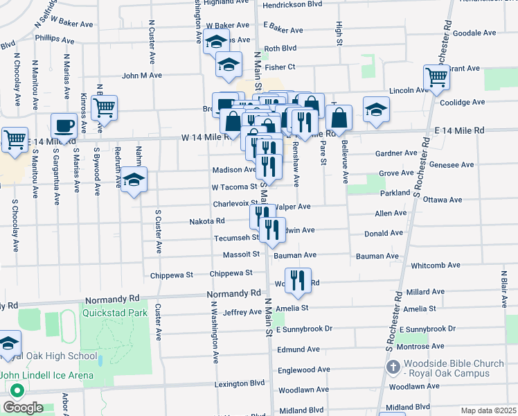 map of restaurants, bars, coffee shops, grocery stores, and more near 27 Nakota Street in Clawson