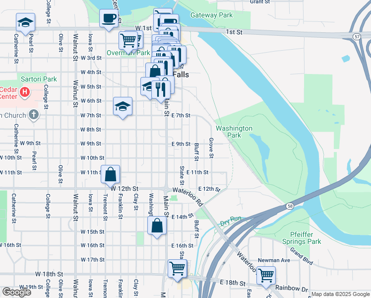 map of restaurants, bars, coffee shops, grocery stores, and more near 910 State Street in Cedar Falls