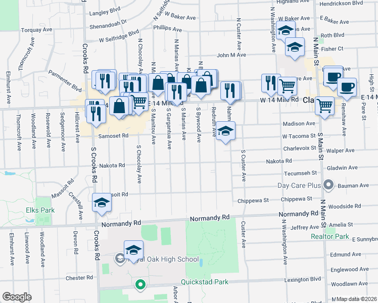 map of restaurants, bars, coffee shops, grocery stores, and more near 427 South Marias Avenue in Clawson