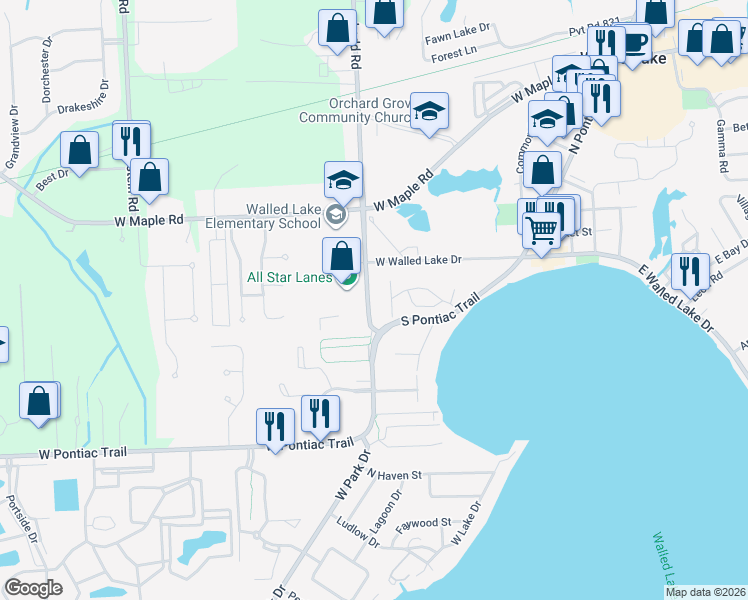 map of restaurants, bars, coffee shops, grocery stores, and more near 116 Ladd Road in Walled Lake