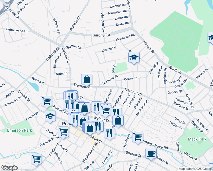map of restaurants, bars, coffee shops, grocery stores, and more near 49 Tremont Street in Peabody