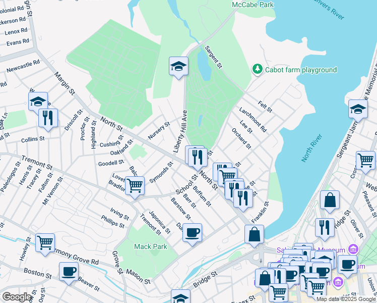 map of restaurants, bars, coffee shops, grocery stores, and more near 164 North Street in Salem
