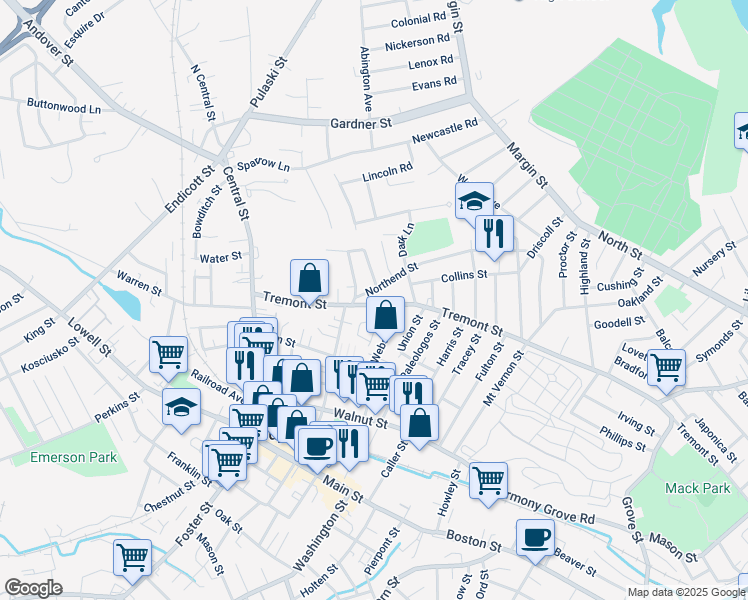 map of restaurants, bars, coffee shops, grocery stores, and more near 49 Tremont Street in Peabody