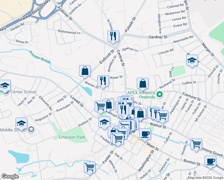 map of restaurants, bars, coffee shops, grocery stores, and more near 17 Jacobs Street in Peabody