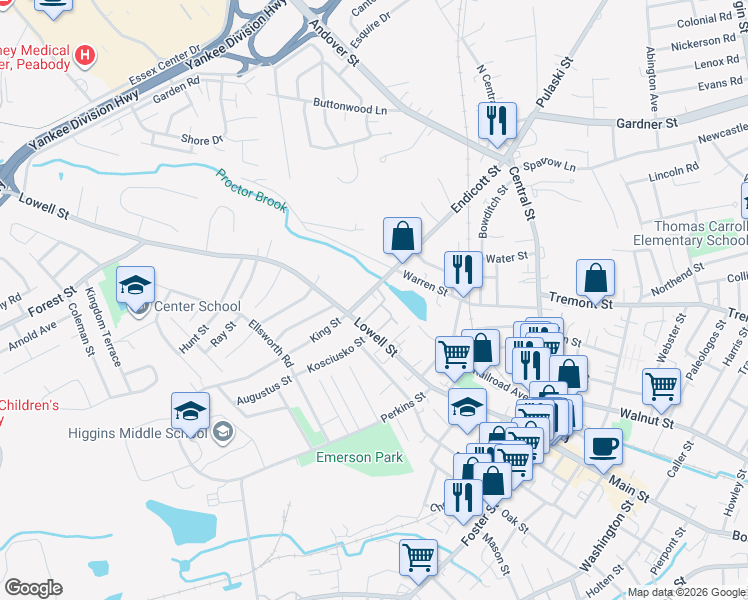 map of restaurants, bars, coffee shops, grocery stores, and more near 133 Lowell Street in Peabody