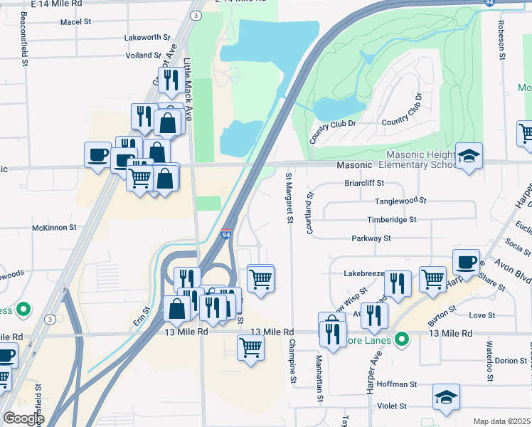 map of restaurants, bars, coffee shops, grocery stores, and more near 31720 Nardelli Lane in Roseville