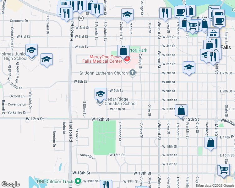 map of restaurants, bars, coffee shops, grocery stores, and more near 1000-1004 Catherine Street in Cedar Falls