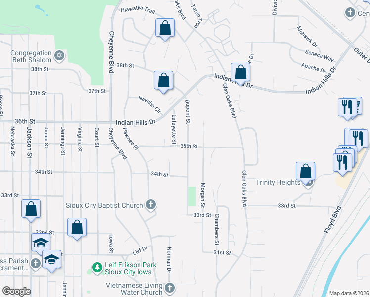 map of restaurants, bars, coffee shops, grocery stores, and more near 3400-3498 Dupont Street in Sioux City