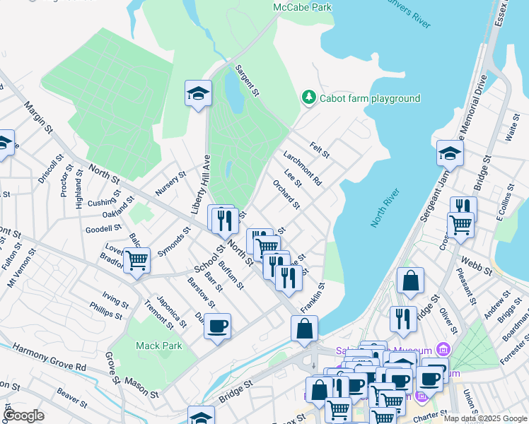 map of restaurants, bars, coffee shops, grocery stores, and more near 35 Walter Street in Salem