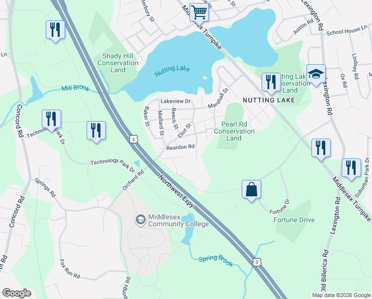 map of restaurants, bars, coffee shops, grocery stores, and more near 10 Reardon Road in Billerica