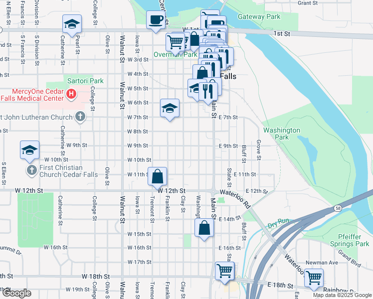 map of restaurants, bars, coffee shops, grocery stores, and more near 1004 Clay Street in Cedar Falls