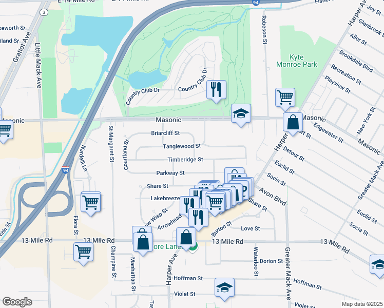 map of restaurants, bars, coffee shops, grocery stores, and more near 21607 Tanglewood Street in St. Clair Shores