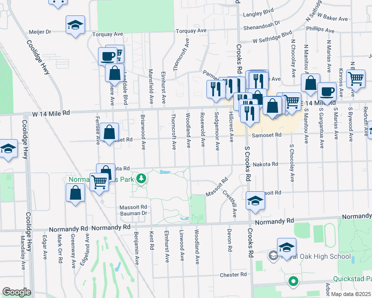 map of restaurants, bars, coffee shops, grocery stores, and more near 4603 Woodland Avenue in Royal Oak