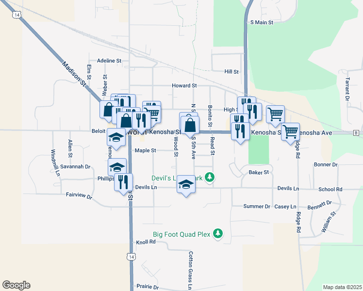 map of restaurants, bars, coffee shops, grocery stores, and more near 325 Kenosha Street in Walworth