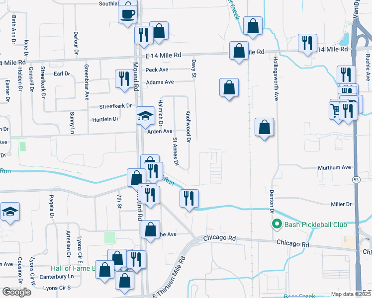 map of restaurants, bars, coffee shops, grocery stores, and more near 32163 Knollwood Drive in Warren