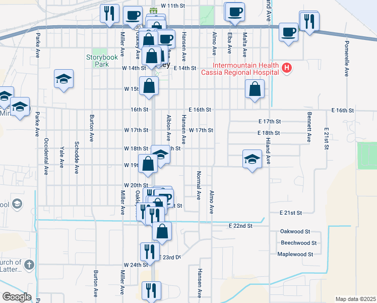 map of restaurants, bars, coffee shops, grocery stores, and more near 1801 Hansen Avenue in Burley