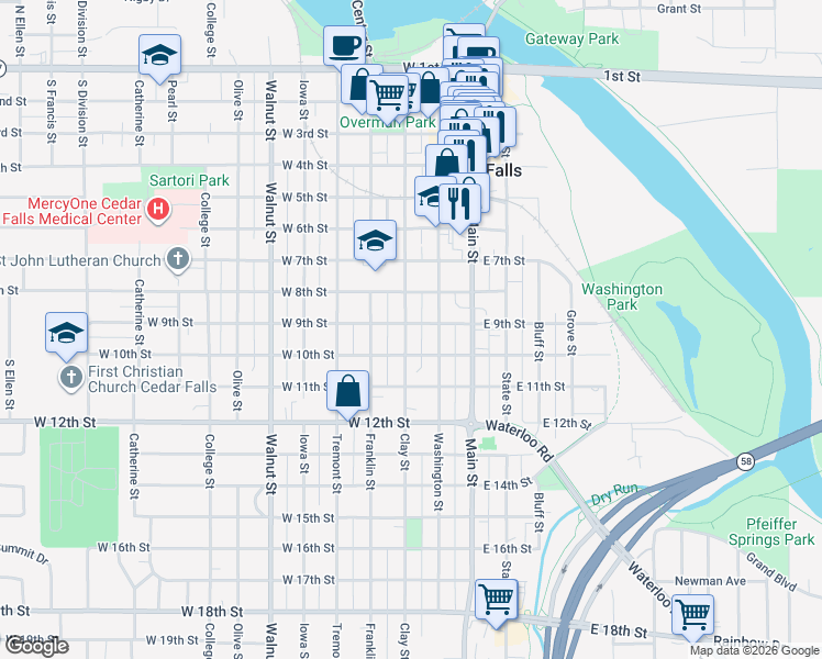 map of restaurants, bars, coffee shops, grocery stores, and more near 220 West 9th Street in Cedar Falls