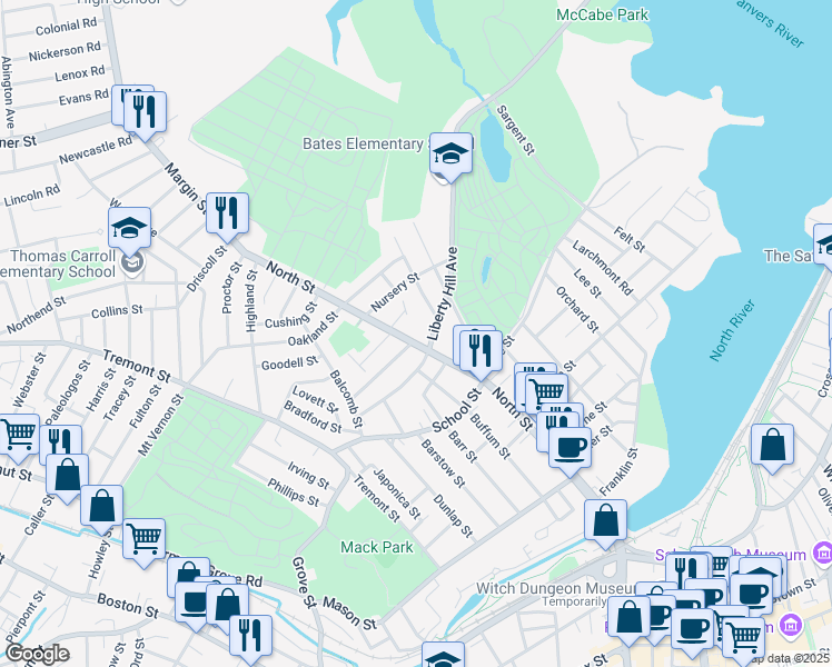 map of restaurants, bars, coffee shops, grocery stores, and more near 9 Fairmount Street in Salem