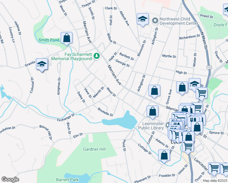 map of restaurants, bars, coffee shops, grocery stores, and more near 220 Merriam Avenue in Leominster