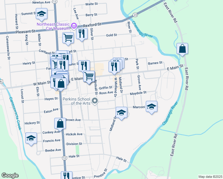 map of restaurants, bars, coffee shops, grocery stores, and more near 100 East Main Street in Norwich