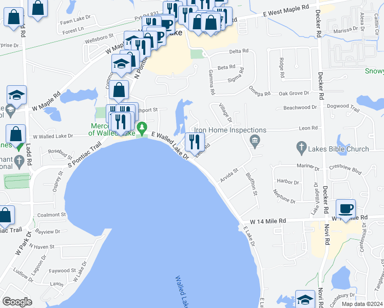 map of restaurants, bars, coffee shops, grocery stores, and more near 165 East Bay Drive in Walled Lake