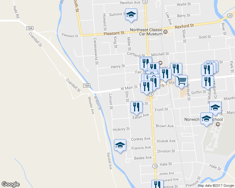 map of restaurants, bars, coffee shops, grocery stores, and more near 51 West Main Street in Norwich
