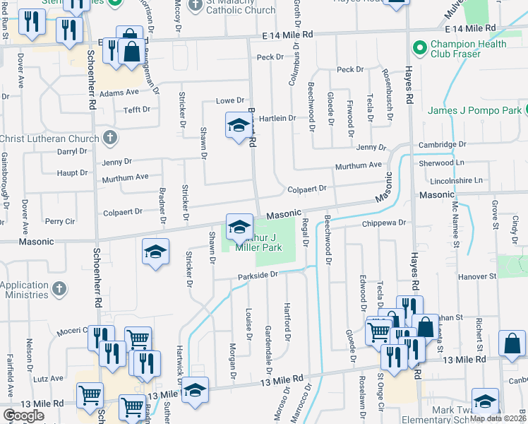 map of restaurants, bars, coffee shops, grocery stores, and more near 14441 Colpaert Drive in Warren