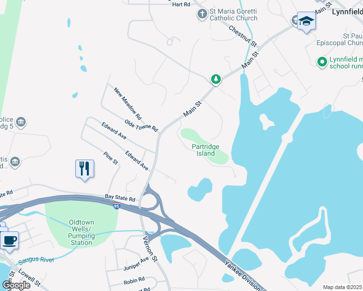 map of restaurants, bars, coffee shops, grocery stores, and more near 22 Partridge Lane in Lynnfield