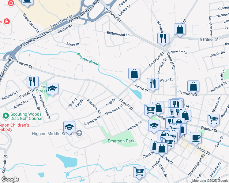 map of restaurants, bars, coffee shops, grocery stores, and more near 159 Lowell Street in Peabody