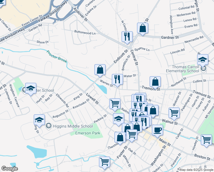 map of restaurants, bars, coffee shops, grocery stores, and more near 14 Berry Street in Peabody