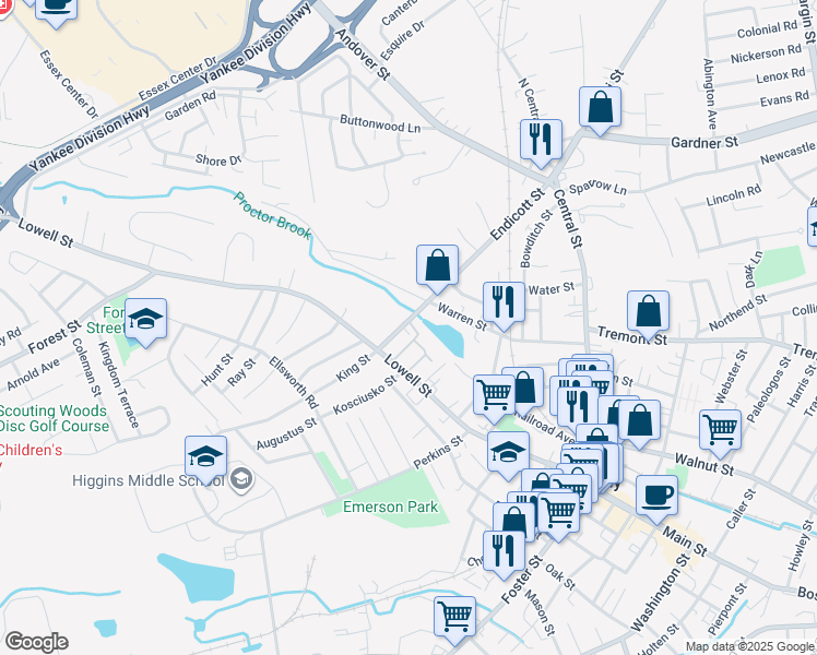 map of restaurants, bars, coffee shops, grocery stores, and more near 151R Lowell Street in Peabody