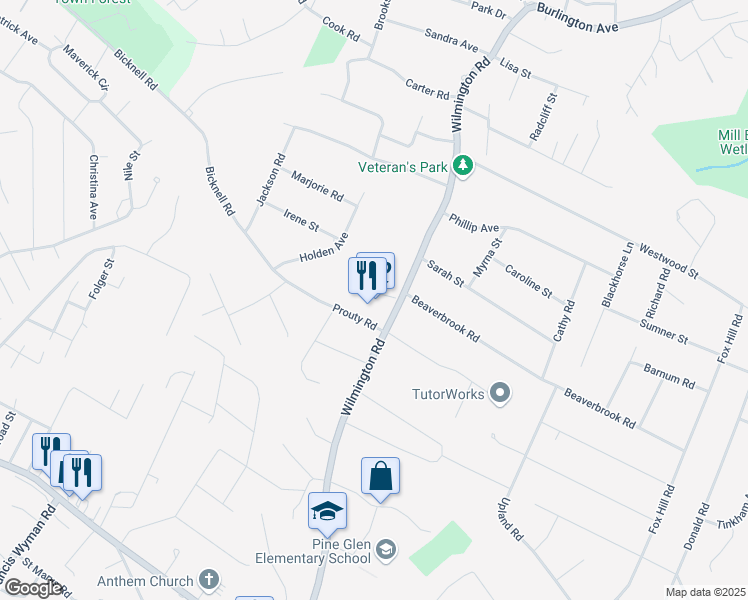 map of restaurants, bars, coffee shops, grocery stores, and more near 85 Wilmington Road in Burlington