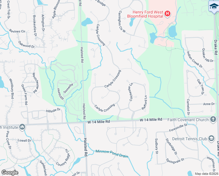 map of restaurants, bars, coffee shops, grocery stores, and more near 7150 Carlyle Crossing in West Bloomfield Township
