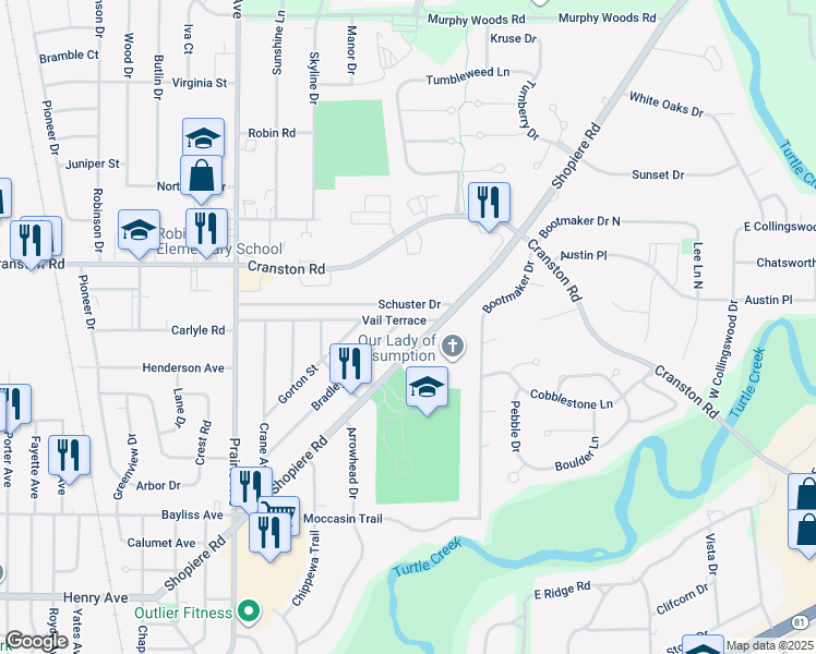 map of restaurants, bars, coffee shops, grocery stores, and more near 2167 Vail Terrace in Beloit