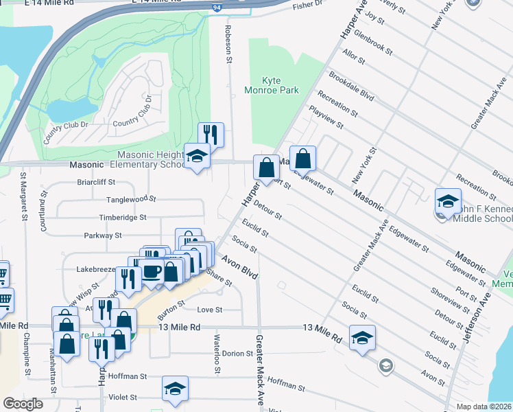 map of restaurants, bars, coffee shops, grocery stores, and more near 22409 Detour Street in St. Clair Shores