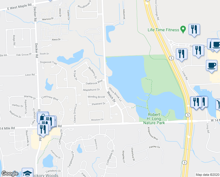 map of restaurants, bars, coffee shops, grocery stores, and more near 147 Shore Brook Drive in Commerce Charter Township