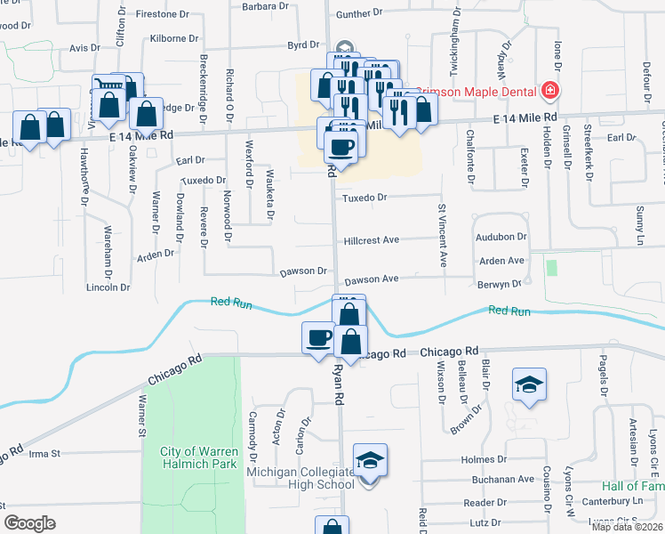 map of restaurants, bars, coffee shops, grocery stores, and more near 32385 Ryan Road in Warren