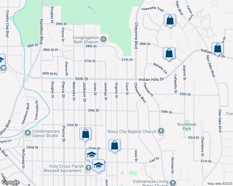 map of restaurants, bars, coffee shops, grocery stores, and more near 3498 Virginia St in Sioux City