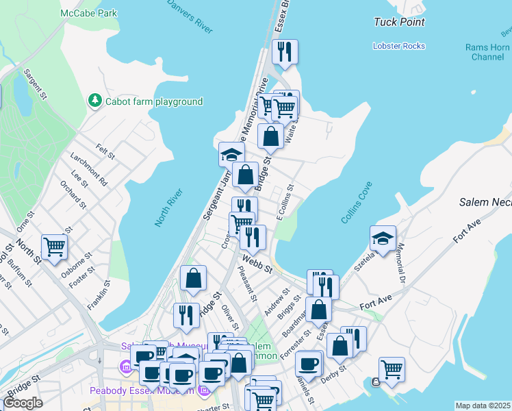 map of restaurants, bars, coffee shops, grocery stores, and more near 77 Bridge Street in Salem