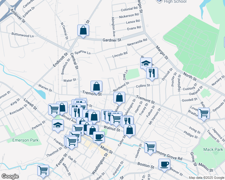 map of restaurants, bars, coffee shops, grocery stores, and more near 11 Highland Park in Peabody