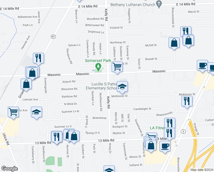 map of restaurants, bars, coffee shops, grocery stores, and more near 31842 Kelly Road in Roseville