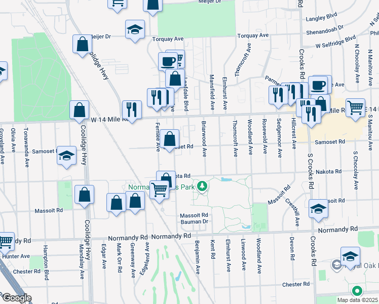 map of restaurants, bars, coffee shops, grocery stores, and more near 4600 Leafdale Avenue in Royal Oak