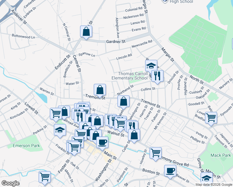 map of restaurants, bars, coffee shops, grocery stores, and more near 11 Highland Park in Peabody